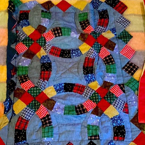 🌹 Sham CHAMBRAY QUILTED PILLOWCASE 21x27 AMAZING Pointed Details Navy & Red - Picture 1 of 16